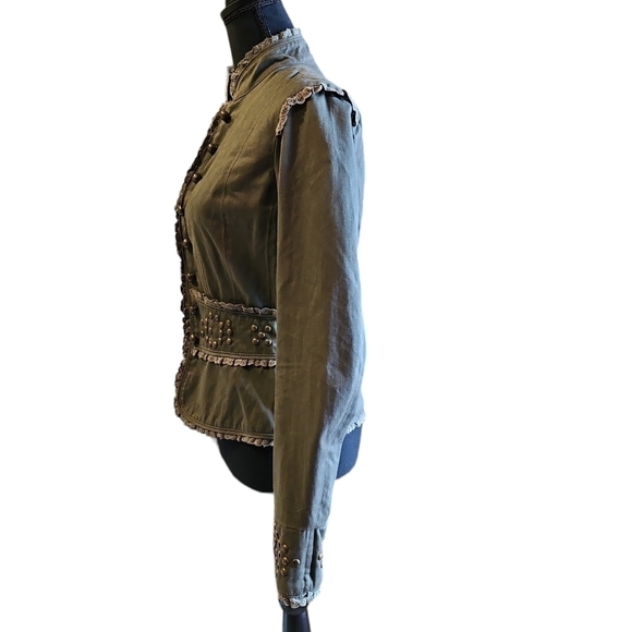 Lani Army Green 100% Cotton Lace Trim Cropped Pirate Jacket, Brass Studs Size M - Picture 4 of 11